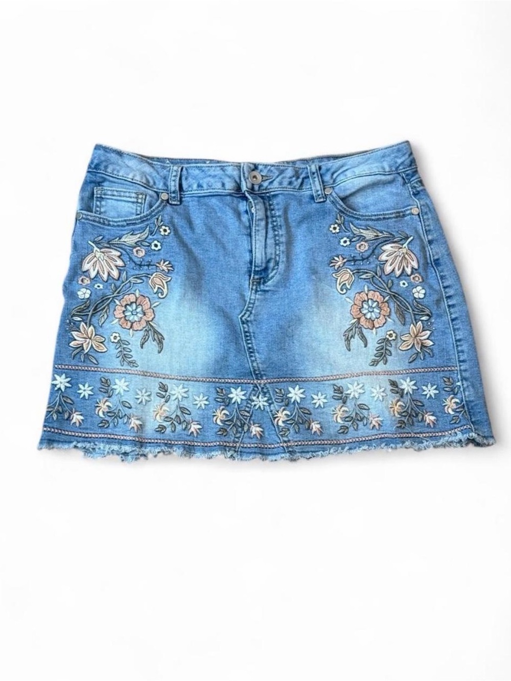 Altar’d State Embroidered Floral Denim Mini Skirt Medium Boho Cottagecore Y2K - Picture 2 of 7